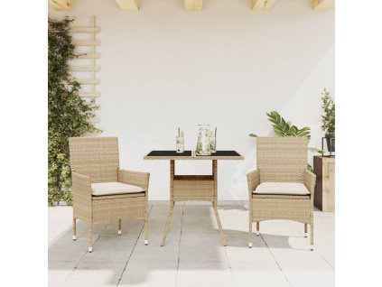 vidaXL 3dílný zahradní jídelní set s poduškami béžový polyratan a sklo
