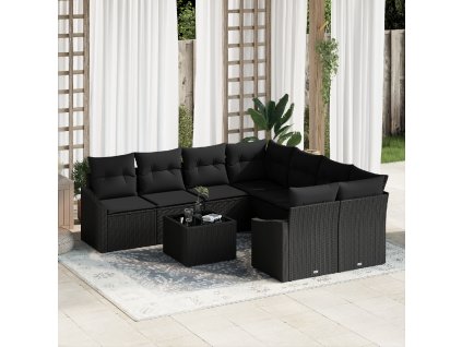 vidaXL Set pohovek s polštářem s úložištěm 9 pcs Černá polyratan