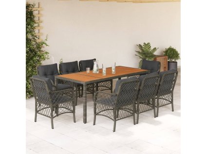 vidaXL 9dílný zahradní jídelní set s poduškami šedý polyratan