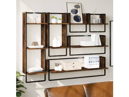 vidaXL 6dílná sada nástěnných polic s tyčí kouřový dub kompozit