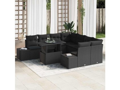 vidaXL Set pohovek s polštářem 9 pcs Černá polyratan