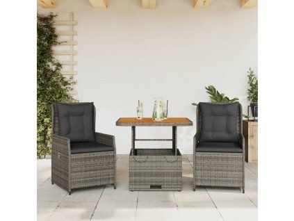 vidaXL 3dílný bistro set s poduškami šedý polyratan