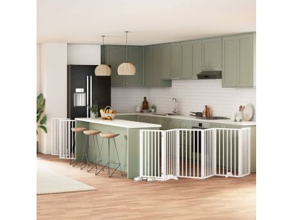 vidaXL Zábrana pro psy s dvířky skládací 9 panelů bílá 450 cm topol