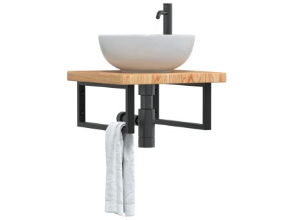 vidaXL Deska pod umyvadlo nástěnná ocel a masivní dubové dřevo