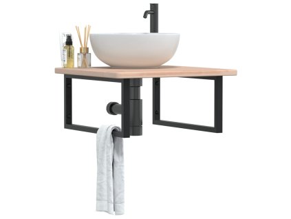 vidaXL Deska pod umyvadlo nástěnná ocel a masivní dubové dřevo