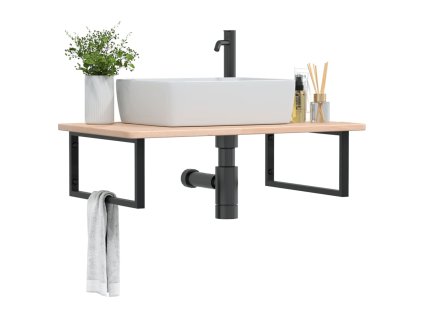 vidaXL Deska pod umyvadlo nástěnná ocel a masivní dubové dřevo