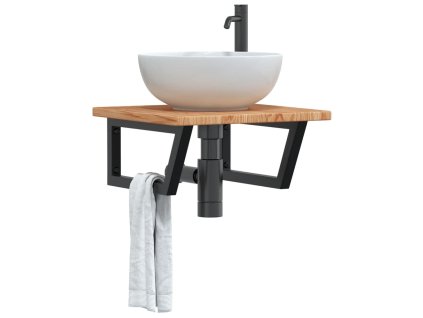 vidaXL Deska pod umyvadlo nástěnná ocel a masivní dubové dřevo