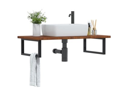 vidaXL Deska pod umyvadlo nástěnná ocel a masivní dubové dřevo