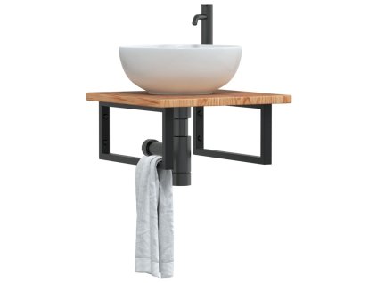 vidaXL Deska pod umyvadlo nástěnná ocel a masivní dubové dřevo