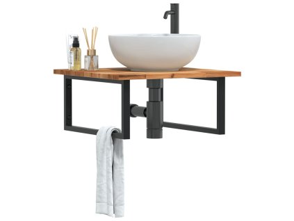 vidaXL Deska pod umyvadlo nástěnná ocel a masivní akáciové dřevo