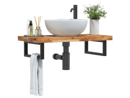 vidaXL Deska pod umyvadlo nástěnná ocel a masivní akáciové dřevo