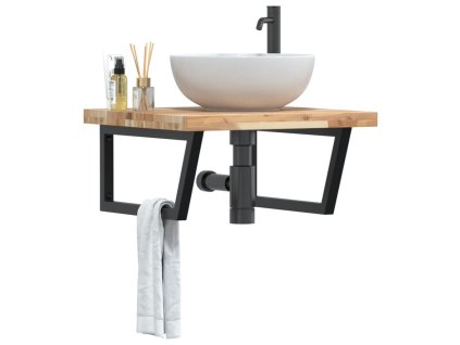 vidaXL Deska pod umyvadlo nástěnná ocel a masivní akáciové dřevo