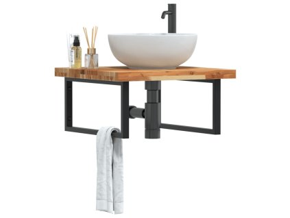 vidaXL Deska pod umyvadlo nástěnná ocel a masivní akáciové dřevo