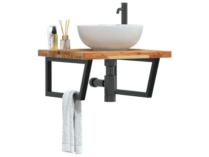 vidaXL Deska pod umyvadlo nástěnná ocel a masivní akáciové dřevo