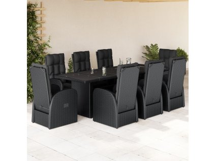 vidaXL 9dílný zahradní jídelní set s poduškami černý polyratan