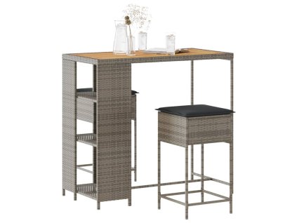 vidaXL 3dílný zahradní barový set s poduškami šedý polyratan