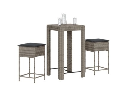 vidaXL 3dílný zahradní barový set s poduškami šedý polyratan