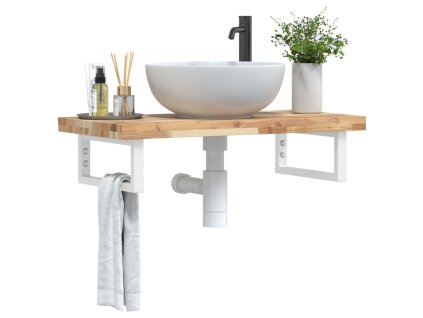 vidaXL Deska pod umyvadlo nástěnná ocel a masivní akáciové dřevo