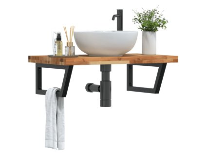 vidaXL Deska pod umyvadlo nástěnná ocel a masivní akáciové dřevo