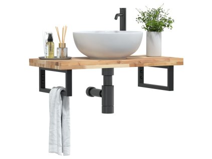 vidaXL Deska pod umyvadlo nástěnná ocel a masivní akáciové dřevo