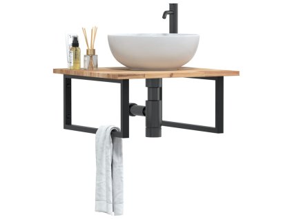 vidaXL Deska pod umyvadlo nástěnná ocel a masivní akáciové dřevo