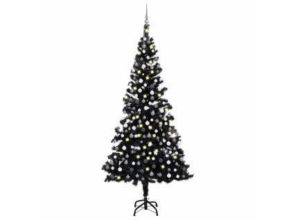 vidaXL Umělý vánoční stromek s LED a sadou koulí černý 210 cm PVC