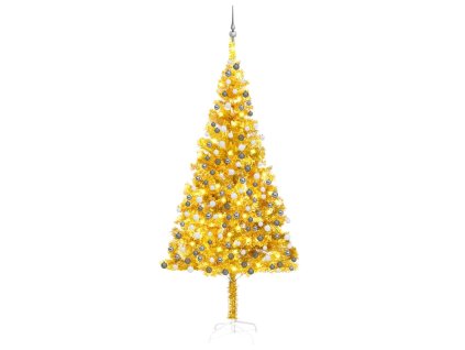 vidaXL Umělý vánoční stromek s LED a sadou koulí zlatý 210 cm PET