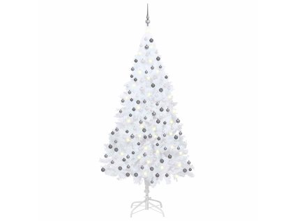 vidaXL Umělý vánoční stromek s LED a sadou koulí bílý 210 cm PVC
