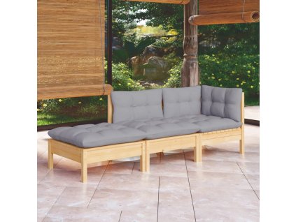 vidaXL 3dílná zahradní sedací souprava a šedé podušky masivní borovice