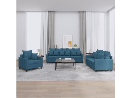 vidaXL 3dílná sedací souprava s poduškami modrá samet