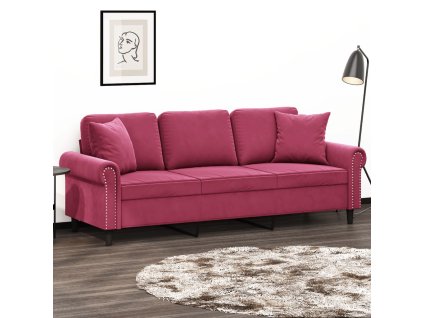 vidaXL 3místná pohovka s polštáři vínová 180 cm samet