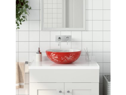 vidaXL Umyvadlo na desku bílé a červené kulaté Φ 41 x 14 cm keramika