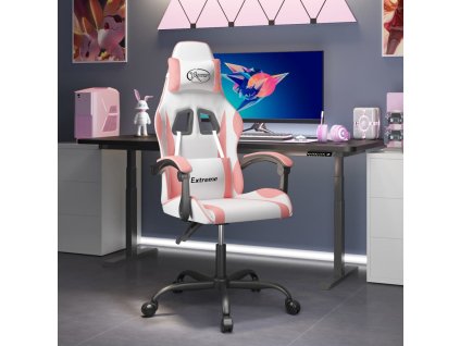 vidaXL Otočná herní židle bílá a růžová umělá kůže