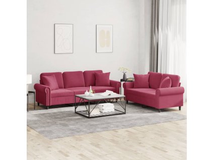 vidaXL 2dílná sedací souprava s polštáři vínová samet