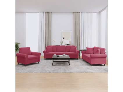 vidaXL 3dílná sedací souprava s polštáři vínová samet
