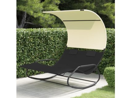 vidaXL Dvojité houpací lehátko se stříškou černé a krémové