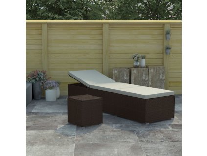 vidaXL Zahradní lehátko s poduškou a čajovým stolkem polyratan hnědé