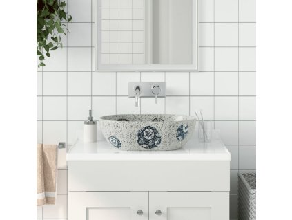 vidaXL Umyvadlo na desku šedé a modré oválné 47 x 33 x 13 cm keramika