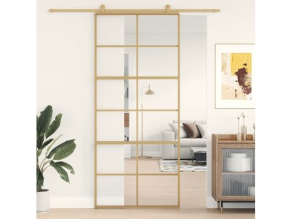 vidaXL Posuvné dveře zlaté 90 x 205 cm čiré ESG sklo a hliník