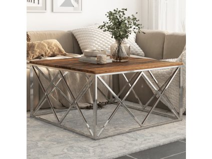 vidaXL Konferenční stolek stříbrný nerezová ocel a pražcové dřevo