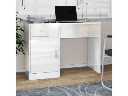 vidaXL Psací stůl zásuvka a skříňka lesklý bílý 100x40x73 cm kompozit