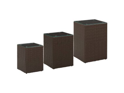 vidaXL Odkládací stolky 3 ks se skleněnou deskou hnědé polyratan