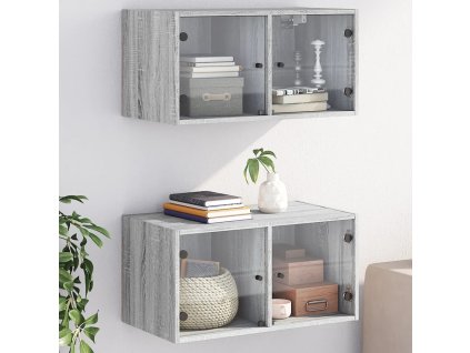 vidaXL Nástěnné skříňky skleněná dvířka 2 ks šedé sonoma 68,5x37x35 cm