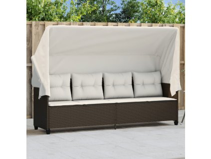 vidaXL Zahradní lehátko se stříškou a poduškami hnědé polyratan