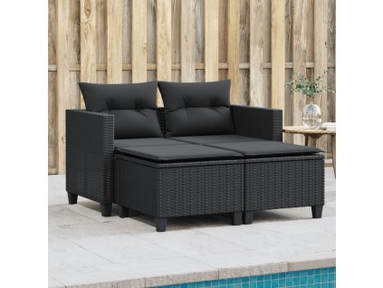 vidaXL Zahradní pohovka 2místná s taburety černá polyratan