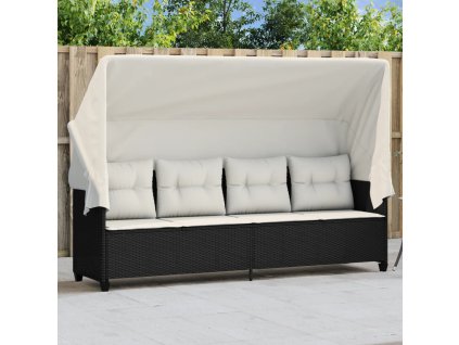 vidaXL Zahradní lehátko se stříškou a poduškou černé polyratan