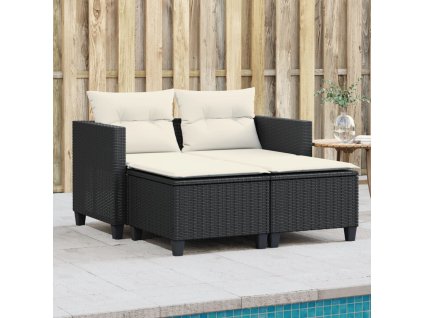 vidaXL Zahradní pohovka 2místná s taburety černá polyratan