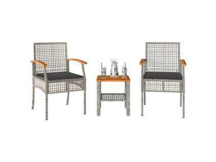 vidaXL 3dílný bistro set s poduškami šedý polyratan akáciové dřevo