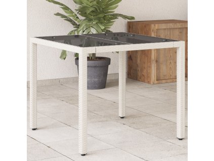 vidaXL Zahradní stůl se skleněnou deskou bílý 90x90x75 cm polyratan