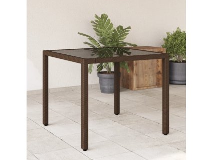 vidaXL Zahradní stůl se skleněnou deskou hnědý 90x90x75 cm polyratan